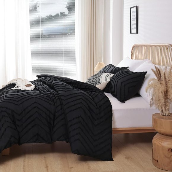 Forest Green Chevron Boho Textured King Size Bed Comforter Set Bedding Dark Pine - Picture 9 of 12